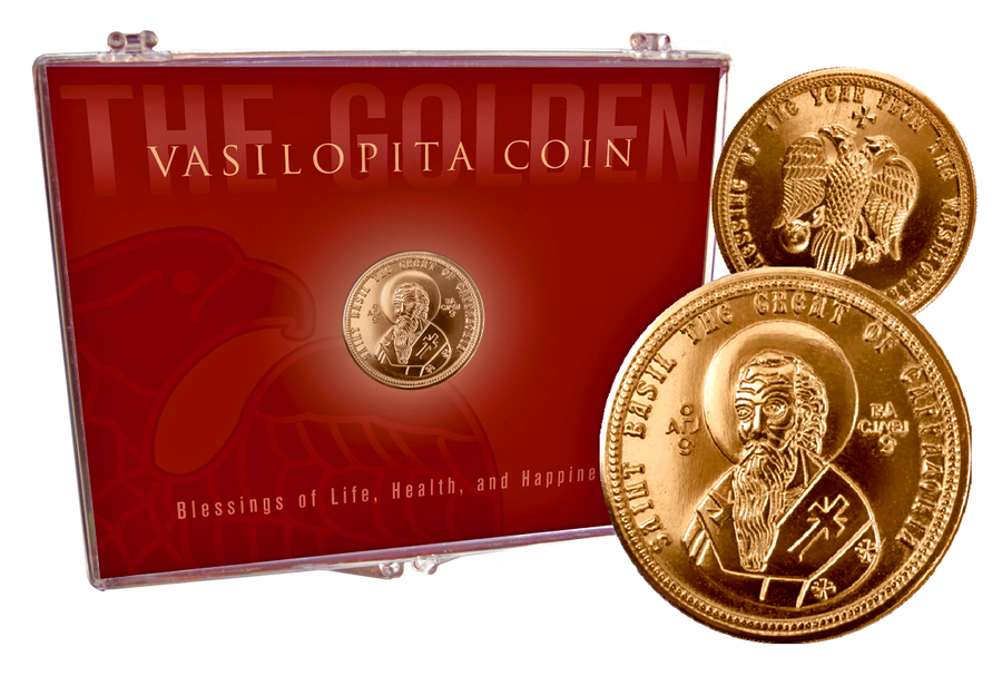Golden Vasilopita coin in a presentation case