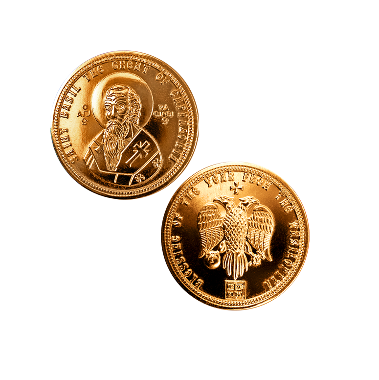 Golden Vasilopita coin in a protective capsule